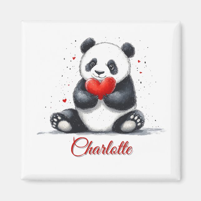 Cute Panda Holding Heart med Anpassade Namn Magnet (Framsidan)