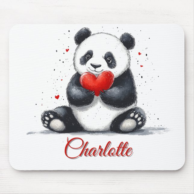 Cute Panda Holding Heart med Anpassade Namn Musmatta (Framsidan)