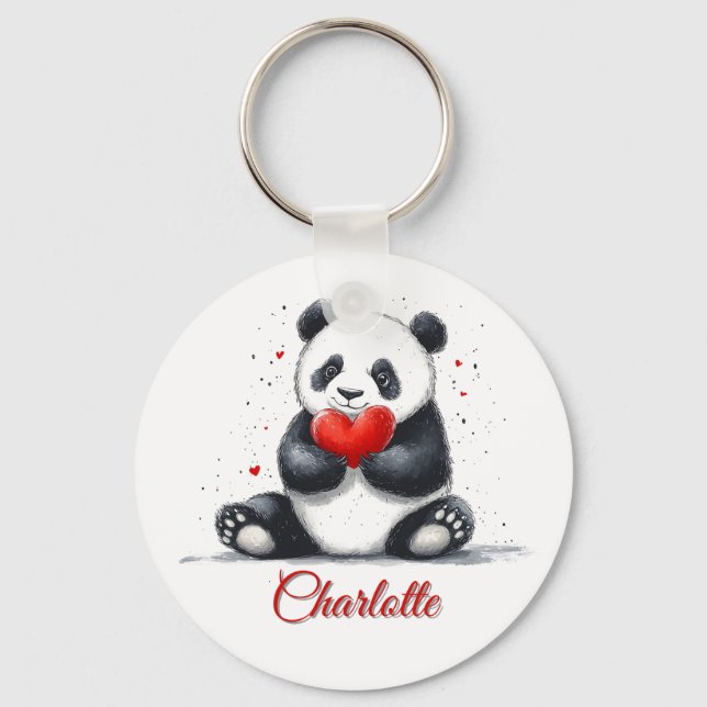 Cute Panda Holding Heart med Anpassade Namn Nyckelring (Framsida)