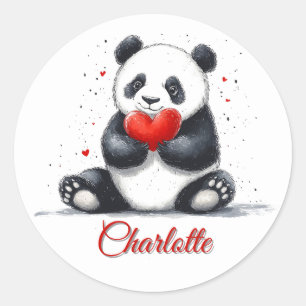 Cute Panda Holding Heart med Anpassade Namn Runt Klistermärke