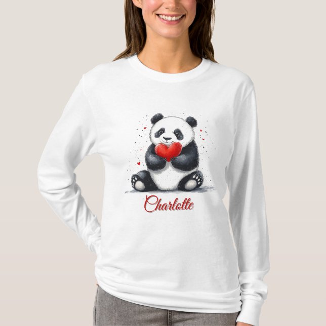 Cute Panda Holding Heart med Anpassade Namn T Shirt (Framsida)