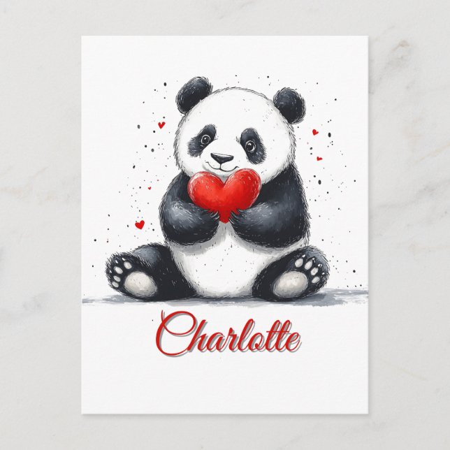 Cute Panda Holding Heart med Anpassade Namn Vykort (Framsida)