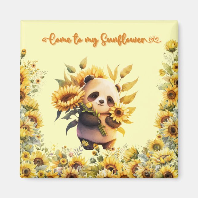 Cute Panda Holding Sunblommor | Kvadratisk magnet (Framsidan)