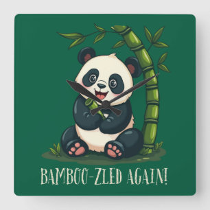 Cute Panda Illustration Whimsical Bamboo Pun Art Fyrkantig Klocka