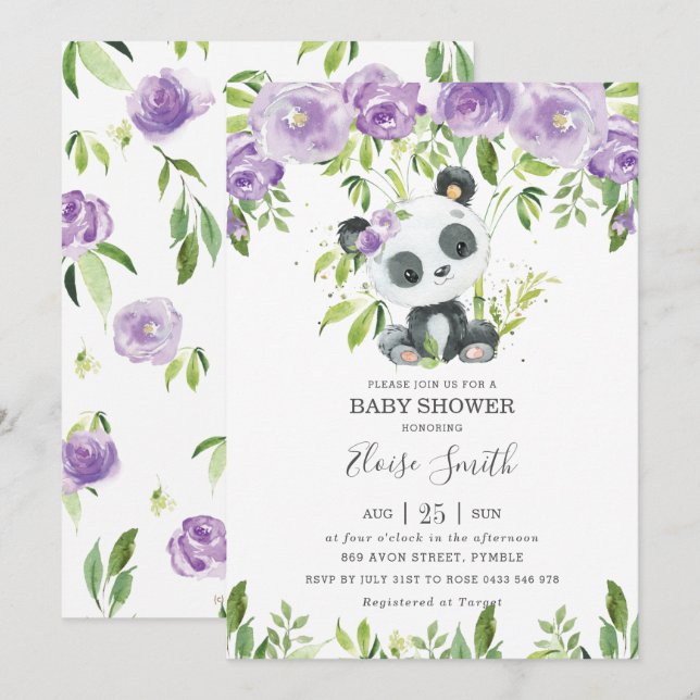 Cute Panda Lila Blommigt Greenery Baby Shower Girl Inbjudningar (Fram/baksida)