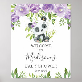 Cute Panda Lila Blommigt Greenery Bamboo Välkommen Poster
