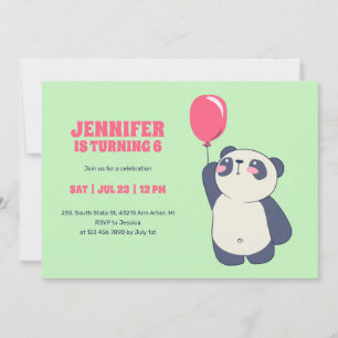Cute Panda med ballon Tecknad Barns födelsedag Inbjudningar