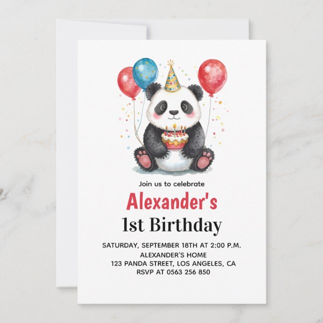 Cute Panda med ballonger och kummel 1:a födelsedag Inbjudningar (Framsida)