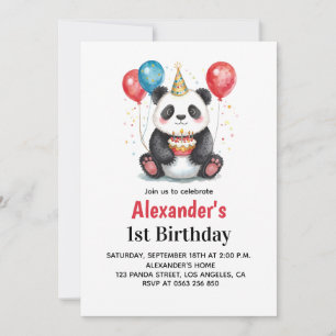 Cute Panda med ballonger och kummel 1:a födelsedag Inbjudningar
