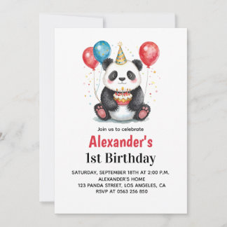 Cute Panda med ballonger och kummel 1:a födelsedag Inbjudningar