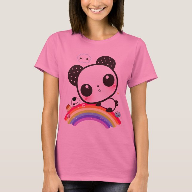 Cute panda med kawaii-mat på regnbåge tee (Framsida)