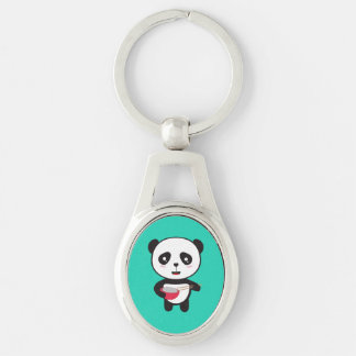 Cute Panda med ris bowla Ovalt Silverfärgad Nyckelring