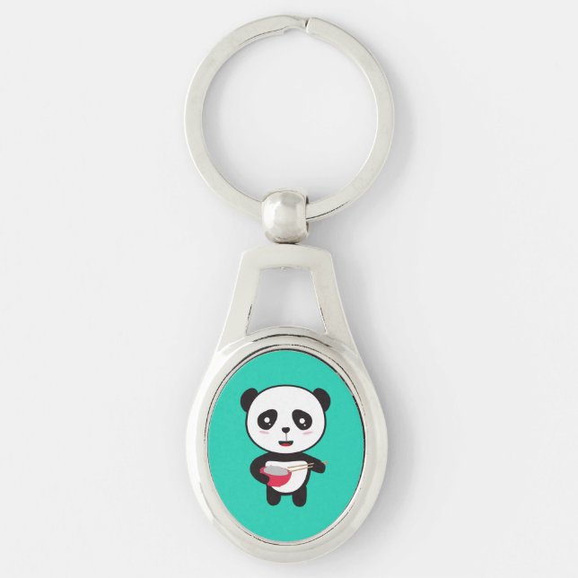Cute Panda med ris bowla Ovalt Silverfärgad Nyckelring (Framsidan)