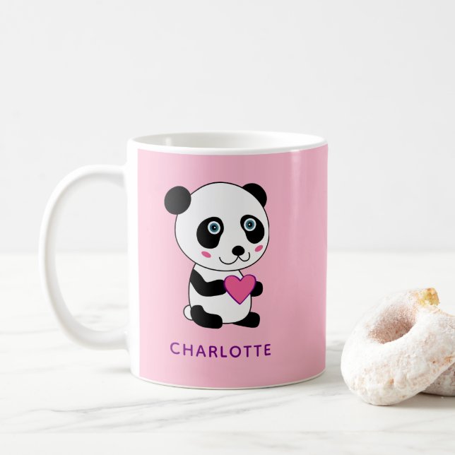 Cute Panda med Rosa Heart + Namn Kaffemugg (Med munk)