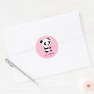Cute Panda med Rosa Heart + Namn Runt Klistermärke