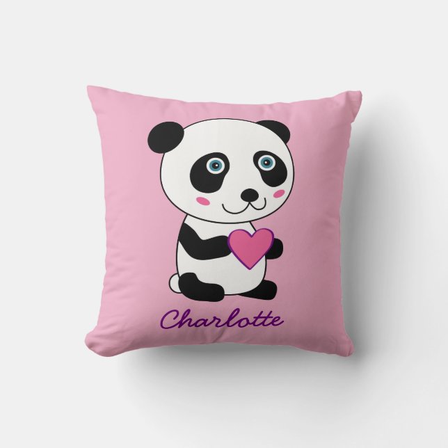 Cute Panda med Rosa Heart Personlig Namn Kudde (Framsida)