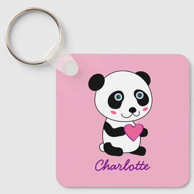 Cute Panda med Rosa Heart Personlig Namn Nyckelring (Framsida)