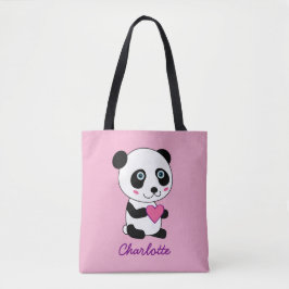 Cute Panda med Rosa Heart Personlig Namn Tygkasse