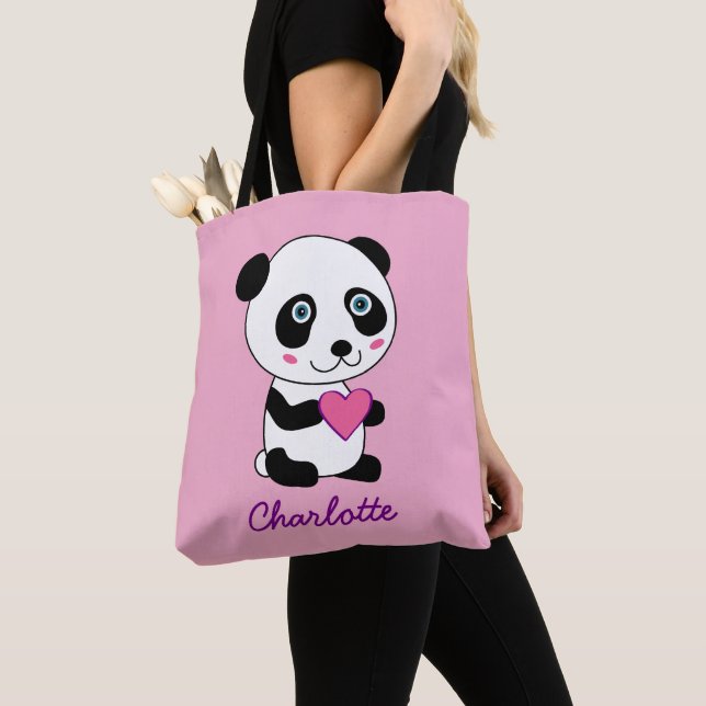 Cute Panda med Rosa Heart Personlig Namn  Tygkasse (Närbild)