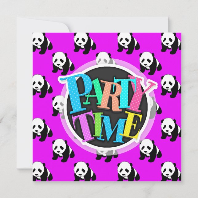 Cute Panda; Neon Lila, Black & White Inbjudningar (Framsida)
