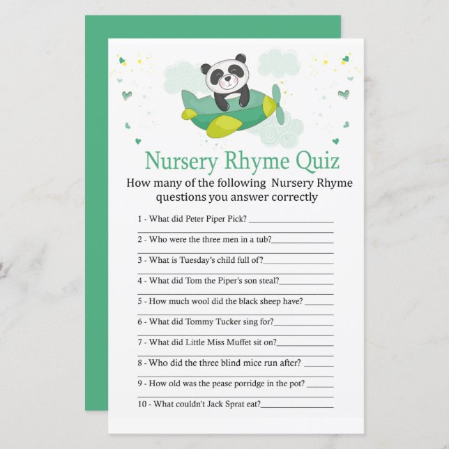 Cute panda Nursery Rhyme Quiz-babyduschspel (Fram/baksida)
