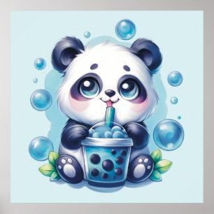 Cute Panda och Blue Boba Bubble Tea Poster