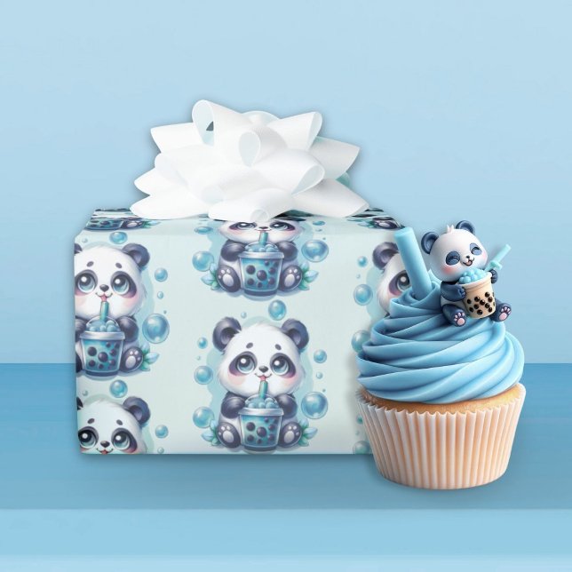 Cute Panda och Blue Boba Bubble Tea Presentpapper (Skapare uppladdad)