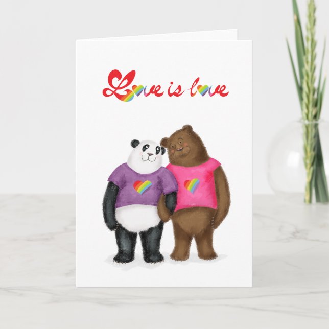 Cute panda och brunbjörn "kärlek är kärlek"-kort kort (Framsida)