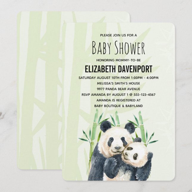 Cute Panda Pair i Bamboo Watercolor Baby Shower Inbjudningar (Fram/baksida)