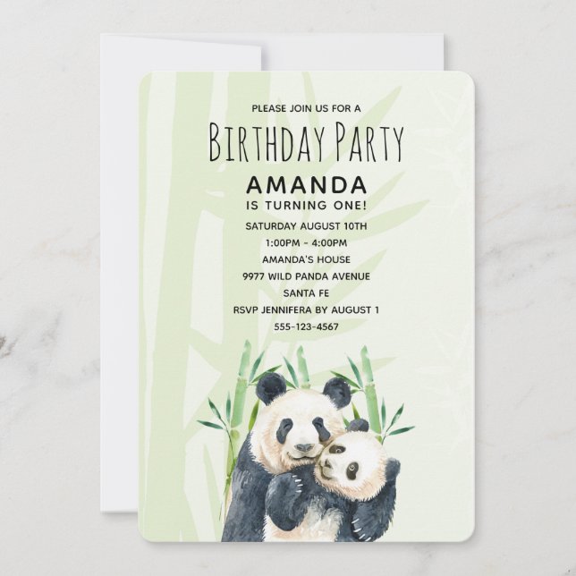 Cute Panda Pair i Bamboo Watercolor Birthday Inbjudningar (Framsida)