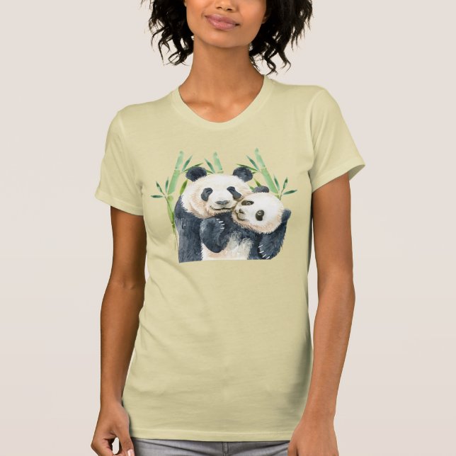 Cute Panda Pair i Bamboo Watercolor T Shirt (Framsida)