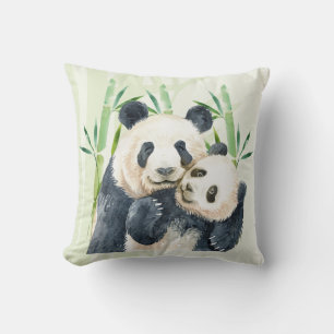 Cute Panda Pair och Bamboo Watercolor Kudde