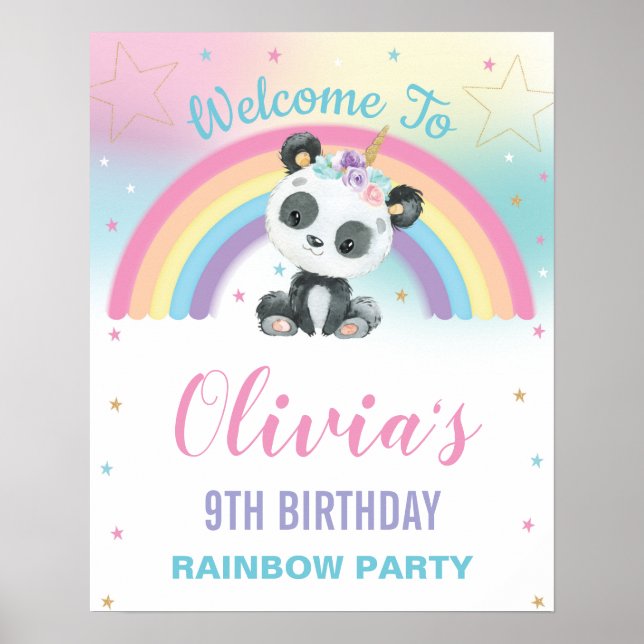Cute Panda Pandacorn Rainbow Birthday Välkommen Poster (Framsidan)