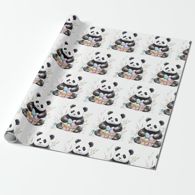 Cute panda Påsk vattencolor blommigt Presentpapper (Utrullad)