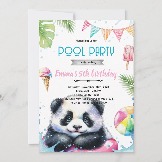 Cute panda pool theme invite inbjudningar (Framsida)