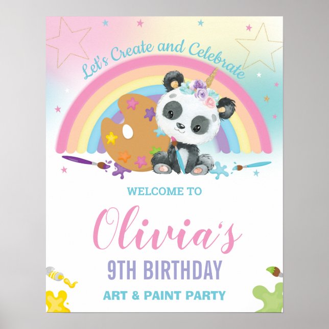 Cute Panda Rainbow Paint Art Birthday Välkommen Poster (Framsidan)
