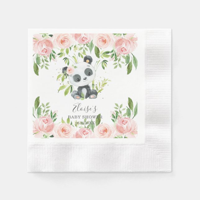 Cute Panda Rosa Blommigt Bamboo Baby Shower Birthd Pappersservett (Framsidan)
