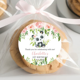 Cute Panda Rosa Blommigt Bamboo Baby Shower Birthd Runt Klistermärke