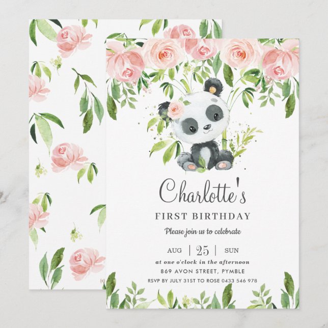 Cute Panda Rosa Blommigt Greenery 1st Birthday Gir Inbjudningar (Fram/baksida)