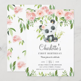 Cute Panda Rosa Blommigt Greenery 1st Birthday Gir Inbjudningar
