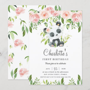Cute Panda Rosa Blommigt Greenery 1st Birthday Gir Inbjudningar