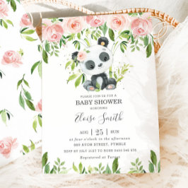 Cute Panda Rosa Blommigt Greenery Baby Shower Girl Inbjudningar