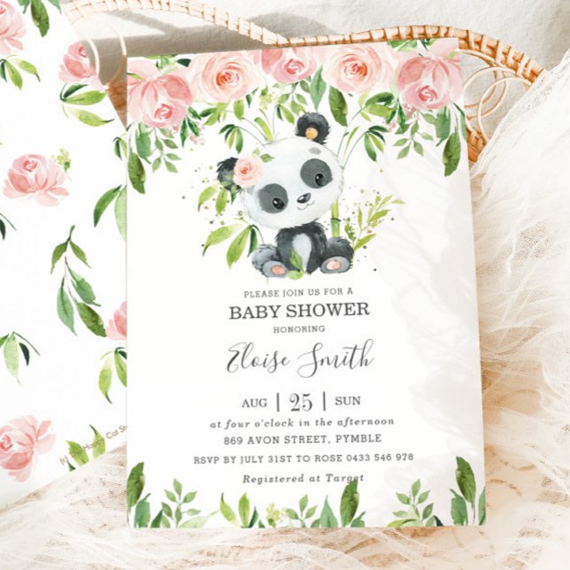 Cute Panda Rosa Blommigt Greenery Baby Shower Girl Inbjudningar (Skapare uppladdad)