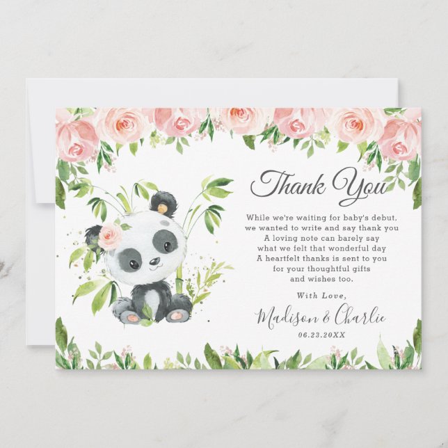 Cute Panda Rosa Blommigt Greenery Baby Shower Girl Tack Kort (Framsida)