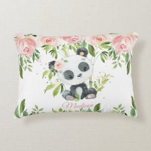Cute Panda Rosa Blommigt Greenery Bamboo Prydnadskudde