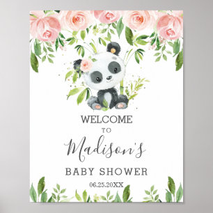 Cute Panda Rosa Blommigt Greenery Bamboo Välkommen Poster