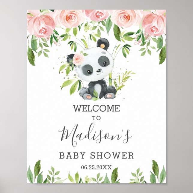 Cute Panda Rosa Blommigt Greenery Bamboo Välkommen Poster (Framsidan)