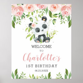 Cute Panda Rosa Blommigt Greenery Birthday Välkomm Poster