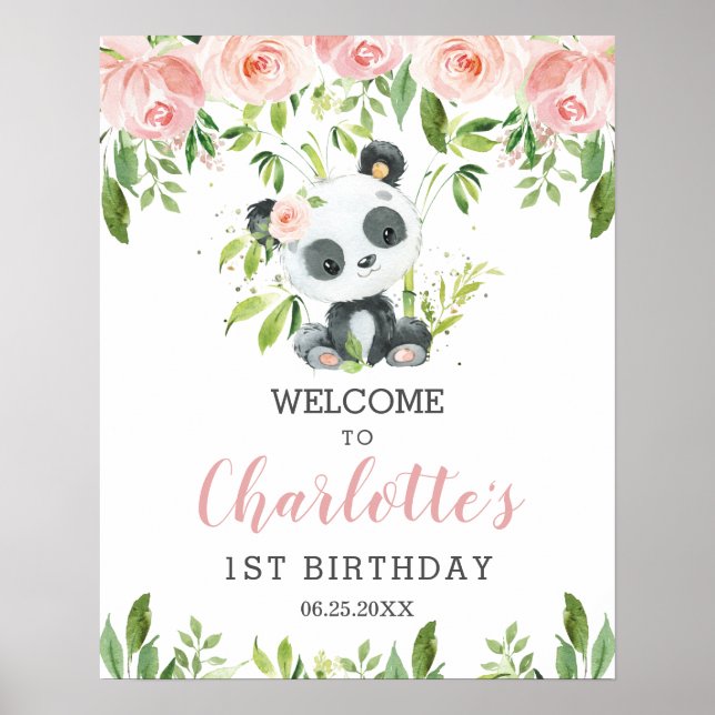 Cute Panda Rosa Blommigt Greenery Birthday Välkomm Poster (Framsidan)