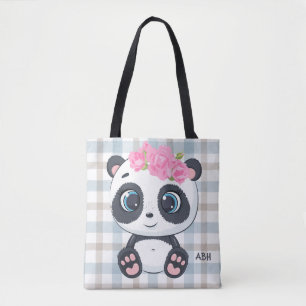 Cute Panda Rosa Blommigt Monogram Namn Tygkasse